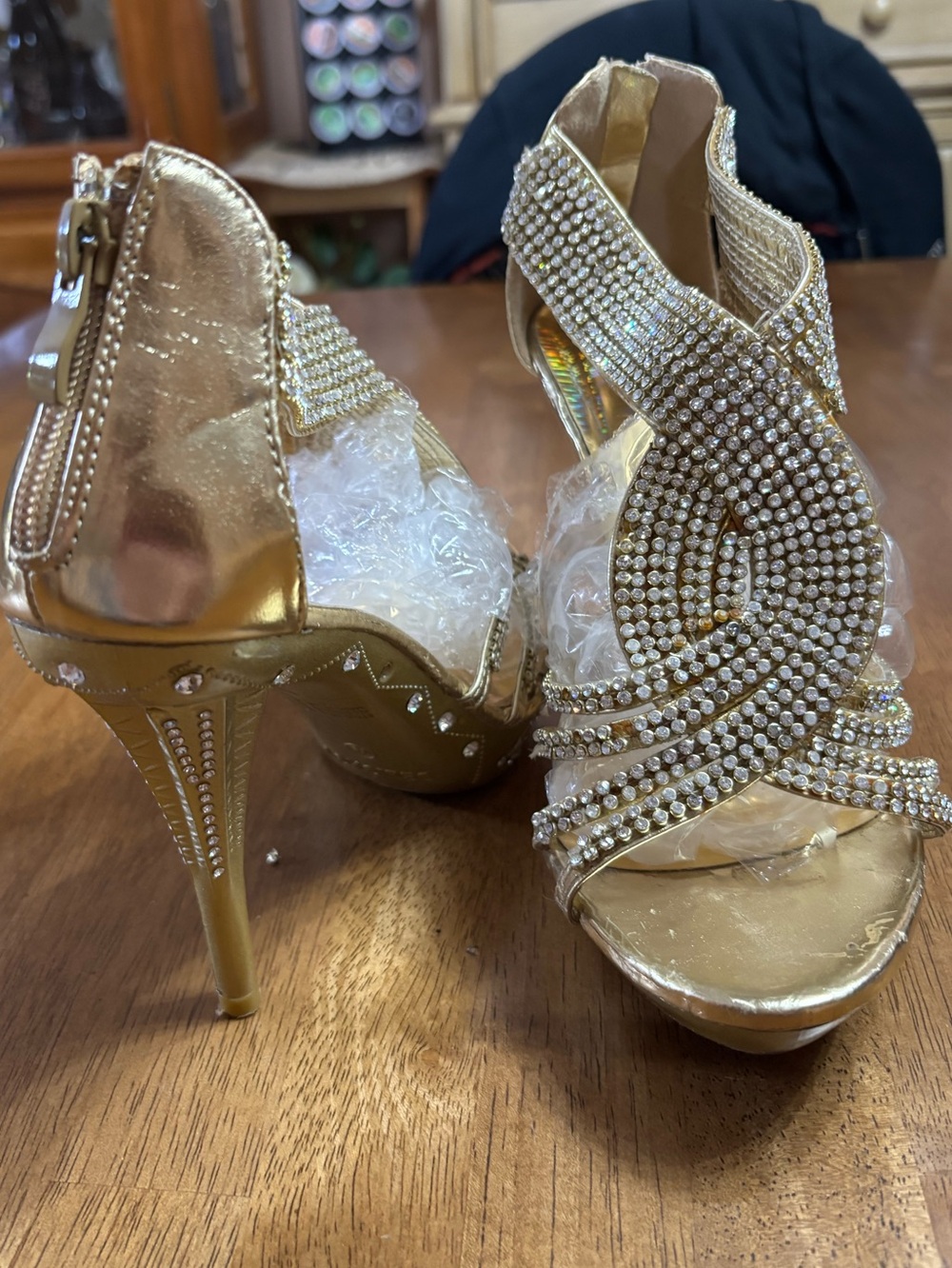 Gold Rhinestone Crisscross High Heel Sandals - Women 7.5